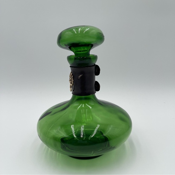 Vintage Green Glass Decanter Leather Lion Head Wrap MCM *READ* - Picture 6 of 11